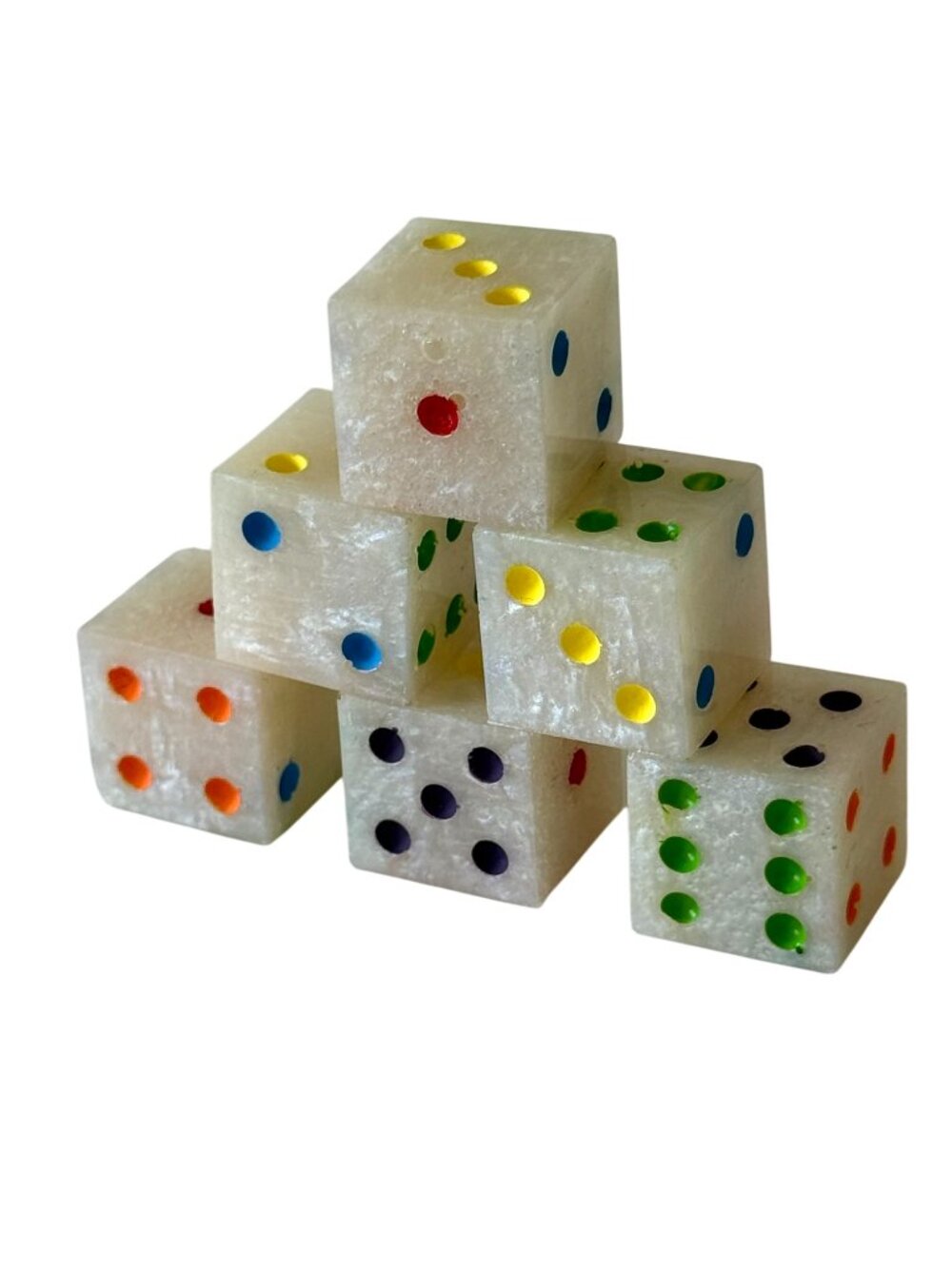 Resin Dice Set 6pcs - Classic Rainbow Dots Pearl - Handmade Replacement Dice